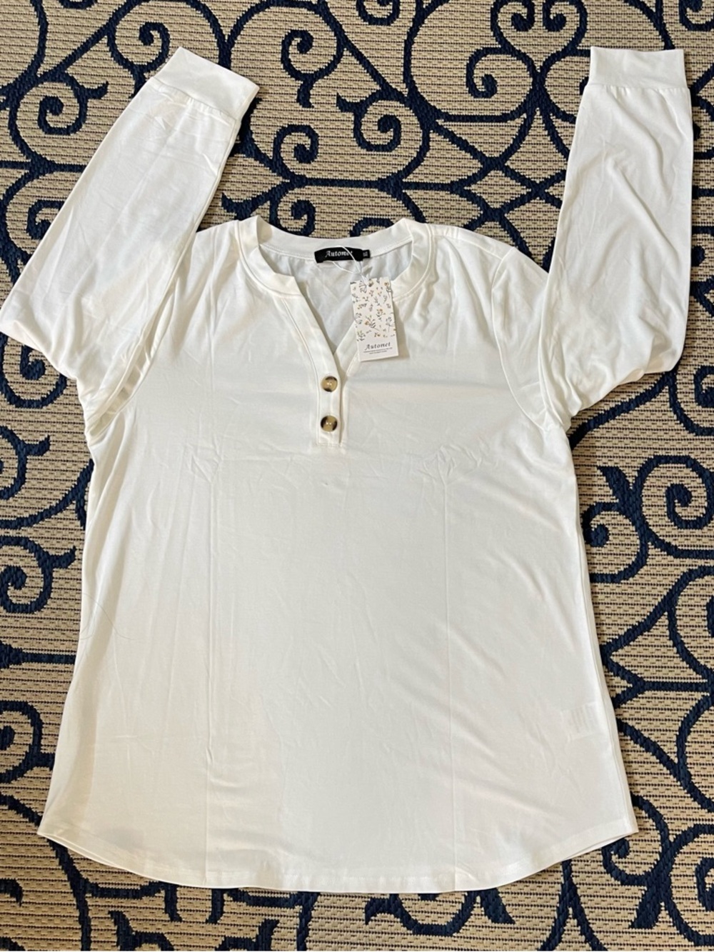 Women's Cream Long Sleeve Notch-Neck Henley with Button Placket - Picture 2 of 12